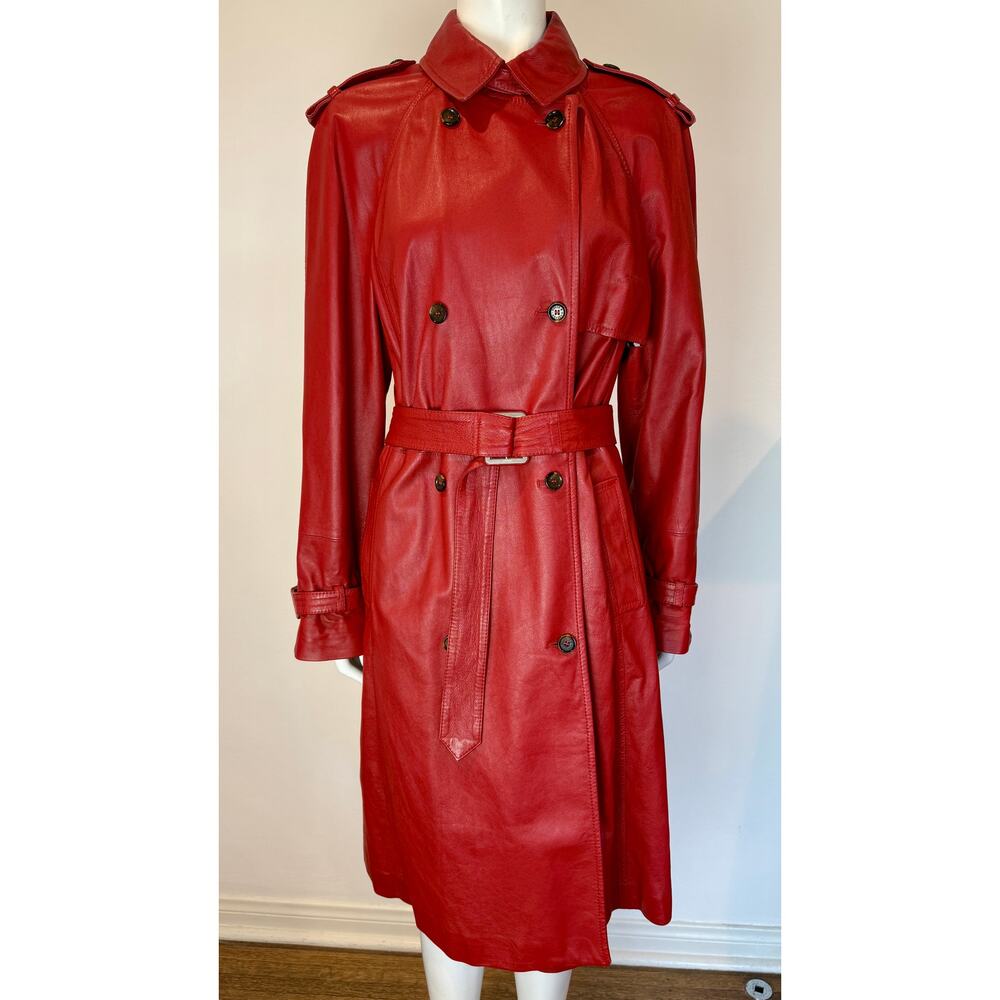 Early 2000s Dolce & Gabbana Red Leather Mid-Length Trench Coat